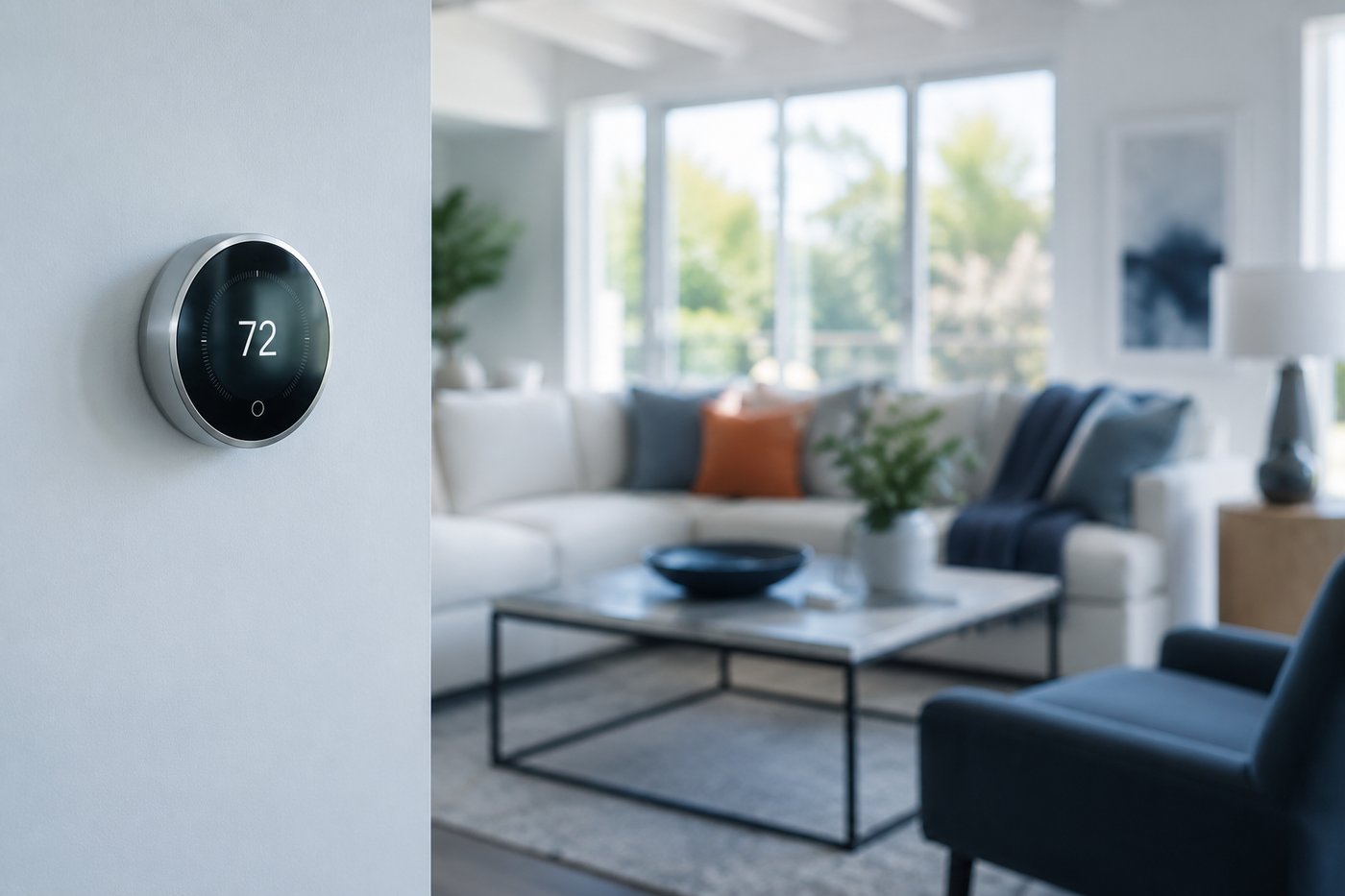 A bright, comfortable Temecula living room with a smart thermostat on the wall