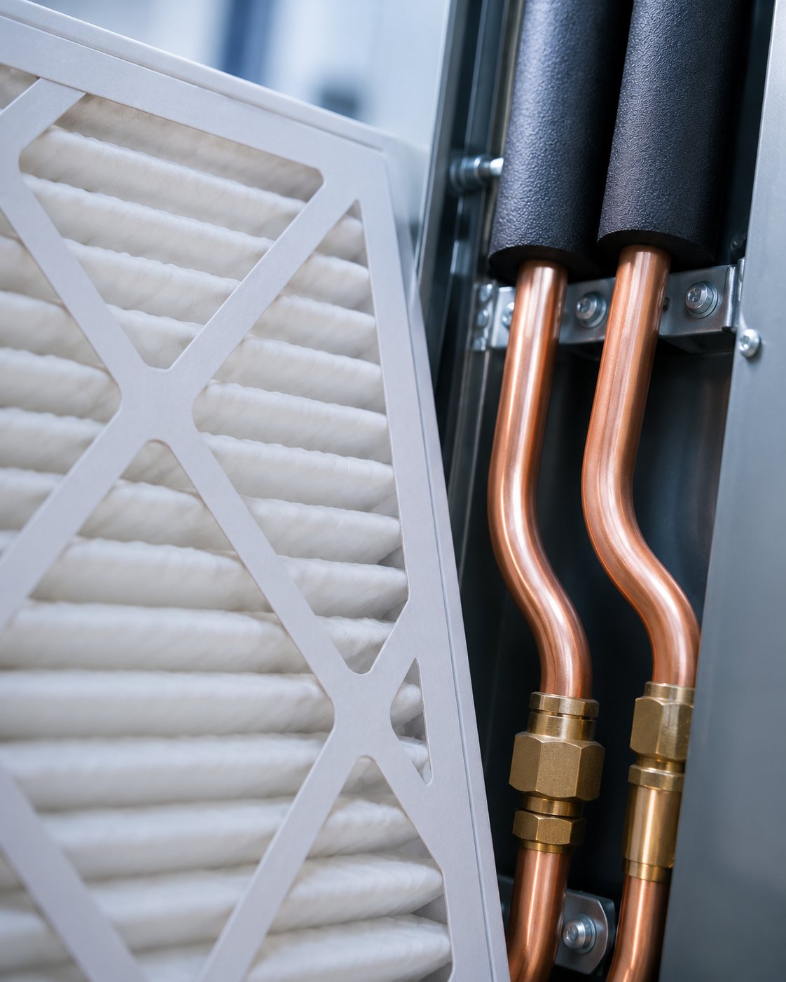 Fresh air filter and a clean refrigerant line-set on a serviced HVAC system