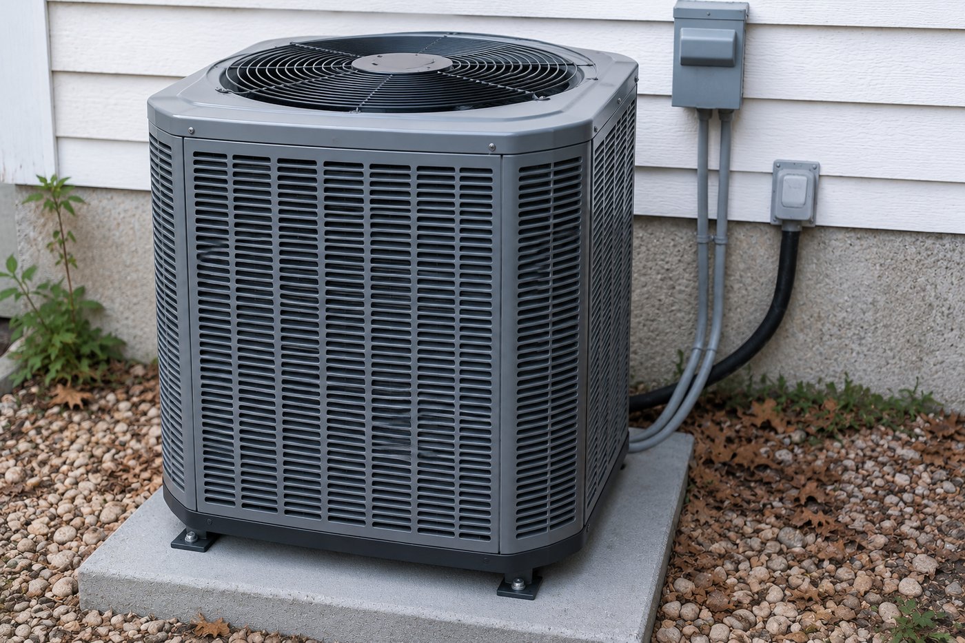 A new high-efficiency AC condenser installed clean beside a Temecula home