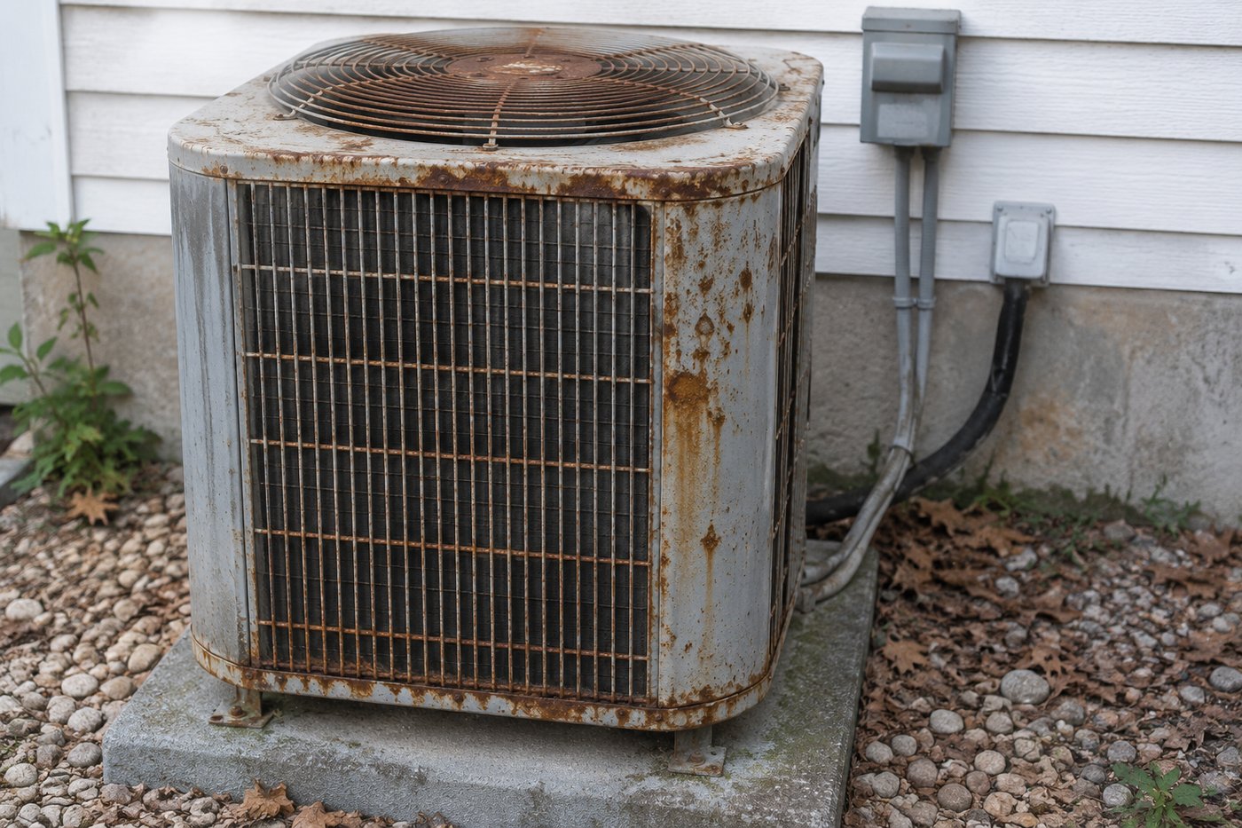 An old, rusted condenser removed and replaced during a system upgrade