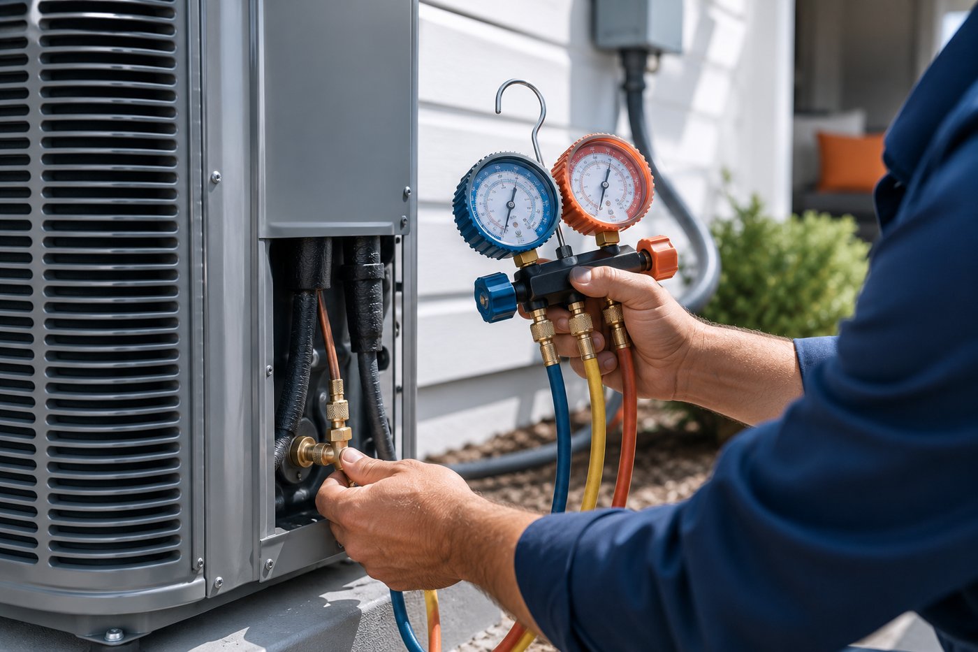 A Cool Valley Air technician checking refrigerant pressure with gauges during an AC tune-up