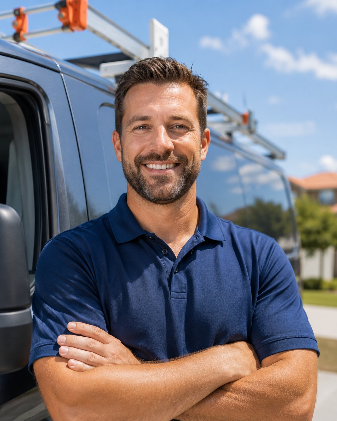 A friendly Cool Valley Air HVAC technician in a blue polo smiling in a Temecula driveway